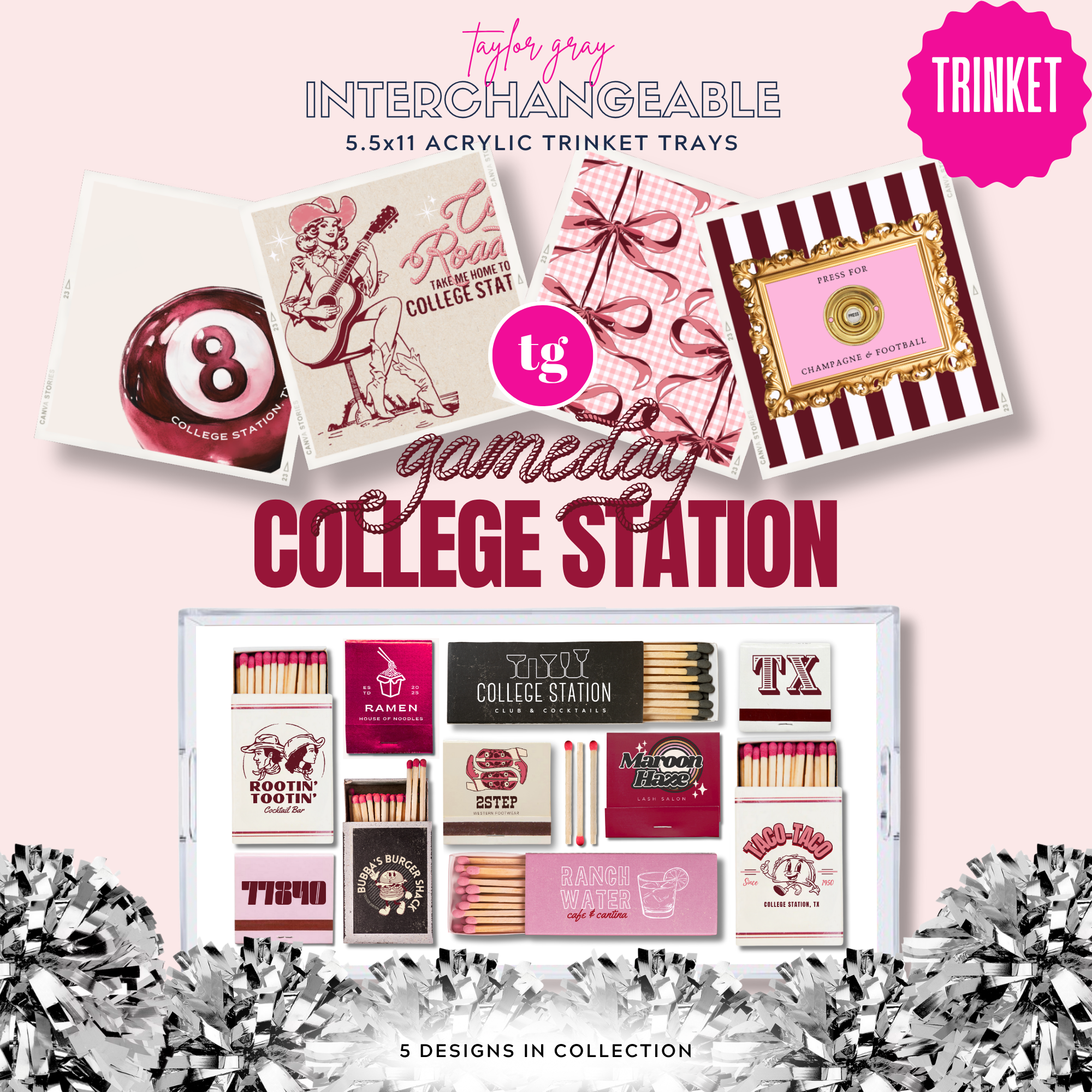 TAYLOR GRAY – Bandeja decorativa por atacado – Conjunto de 5 inserções para bandeja de bugigangas 5,5x11 GAMEDAY COLLEGE STATION0