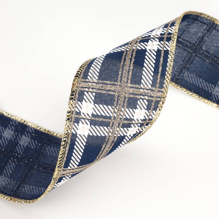 LA Ribbons Wholesale - Wholesale Ribbon - Gift Wrapping - 2 1/2" Printed Wired Ribbon | Plaid Blue/White/Gold