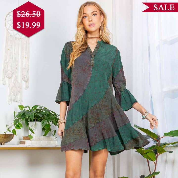 Young Threads - Wholesale Dress - Women's - Boho Patchwork Overdyed Babydoll Dress
