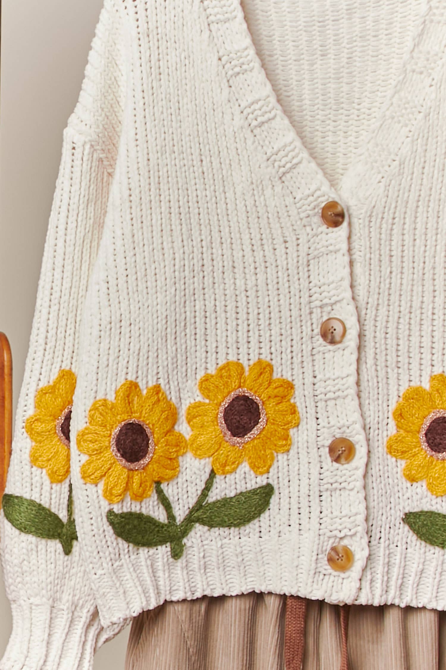 Ivory Sunflower Embroidered V Neck Cardigan for wholesale on Faire3