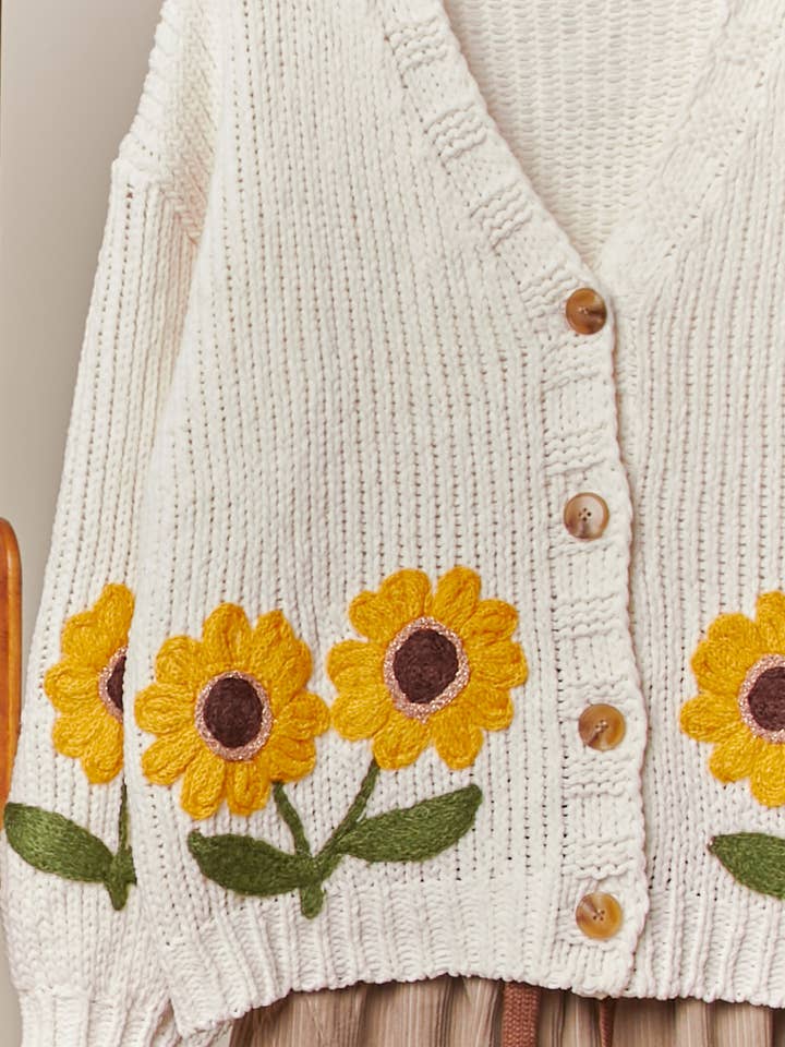 Ivory Sunflower Embroidered V Neck Cardigan for wholesale on Faire3