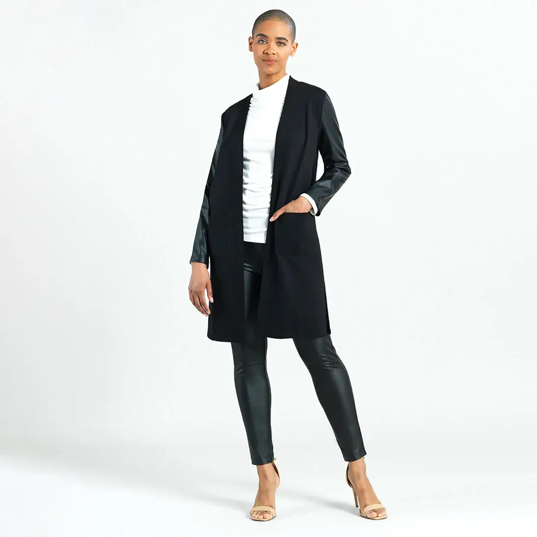BLACK CA55RL - Ponte Knit, Liquid Leather ™ Sleeve Pocket Cardigan for wholesale on Faire1