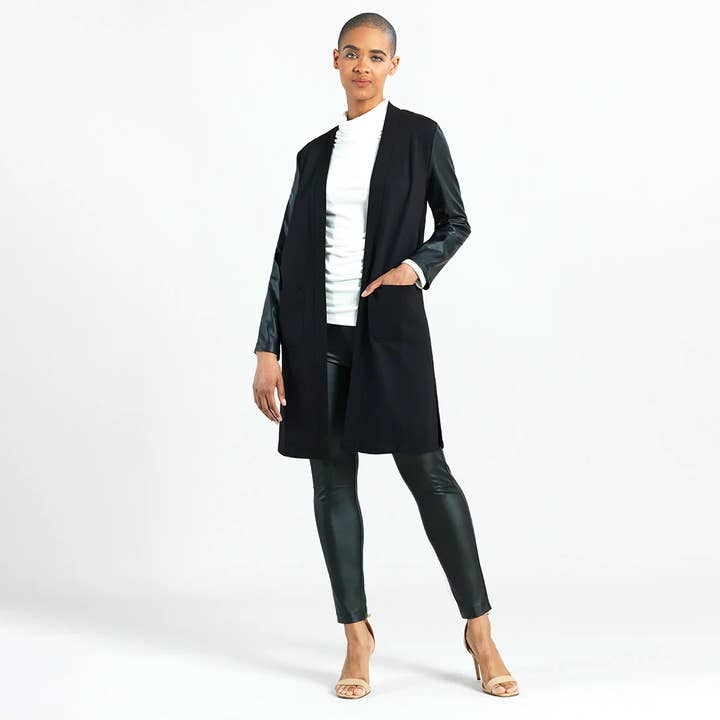 BLACK CA55RL - Ponte Knit, Liquid Leather ™ Sleeve Pocket Cardigan for wholesale on Faire1