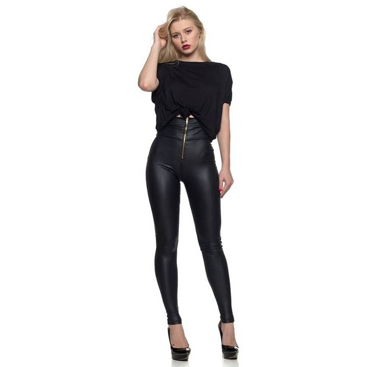 High waist moto leggings an exposed front zipper for wholesale by Black Pearl Clothing