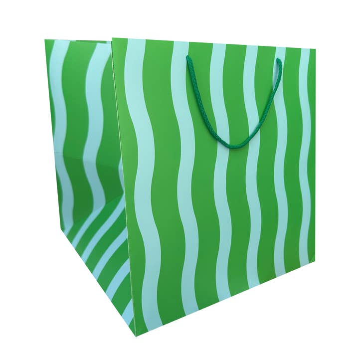 Green/Aqua Fussy Stripe Large Square Gift Bag for wholesale by The Social Type