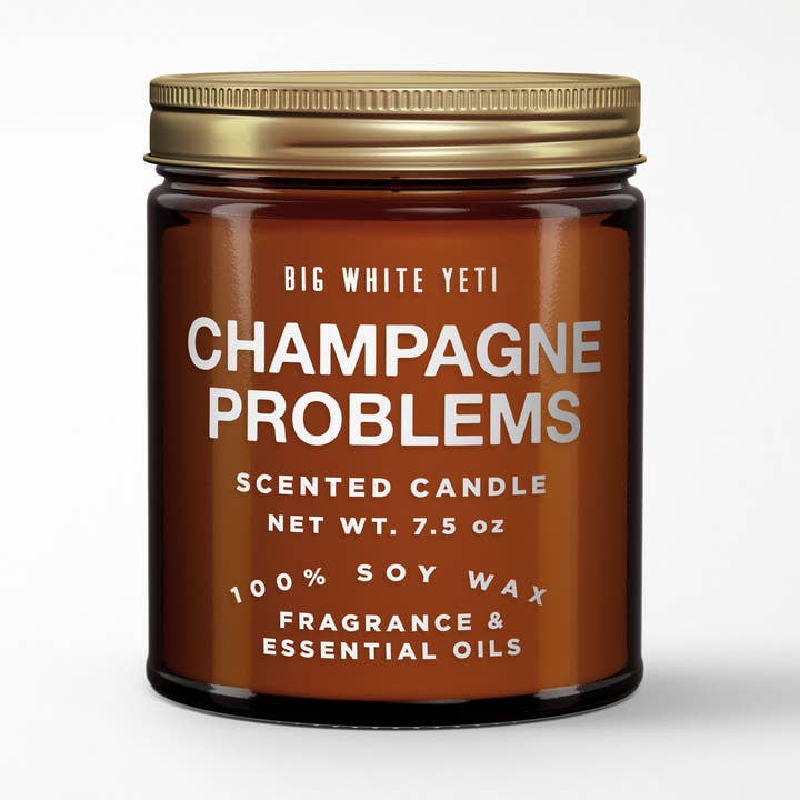 Champagne Problems Soy Candle- 8oz Amber Jar for wholesale by Big White Yeti
