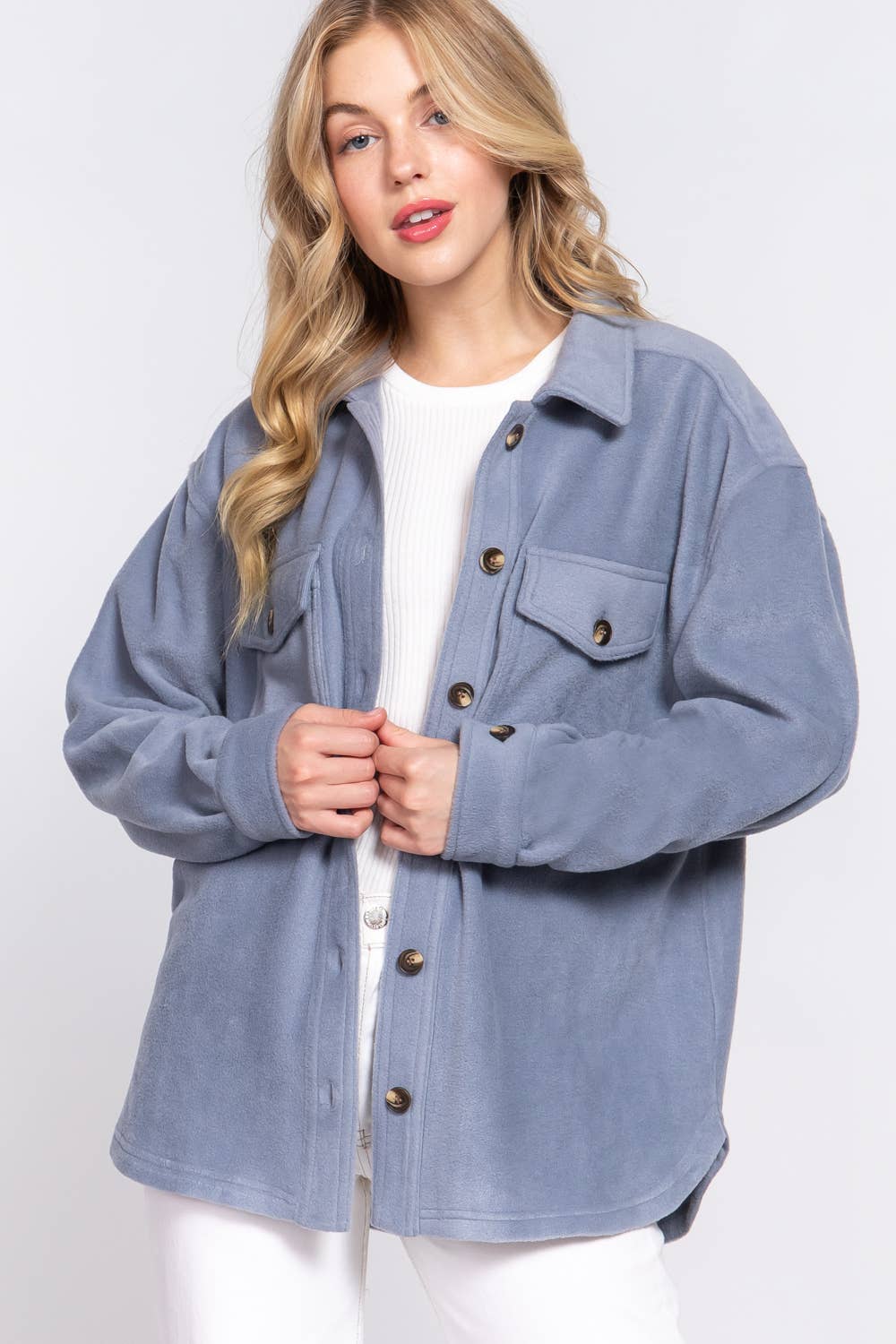 Active Basic | Active USA - Wholesale Shirt Jacket/Shacket - Women's - Long Sleeve Notched Collar Front Pocket Fleece Jacket 9