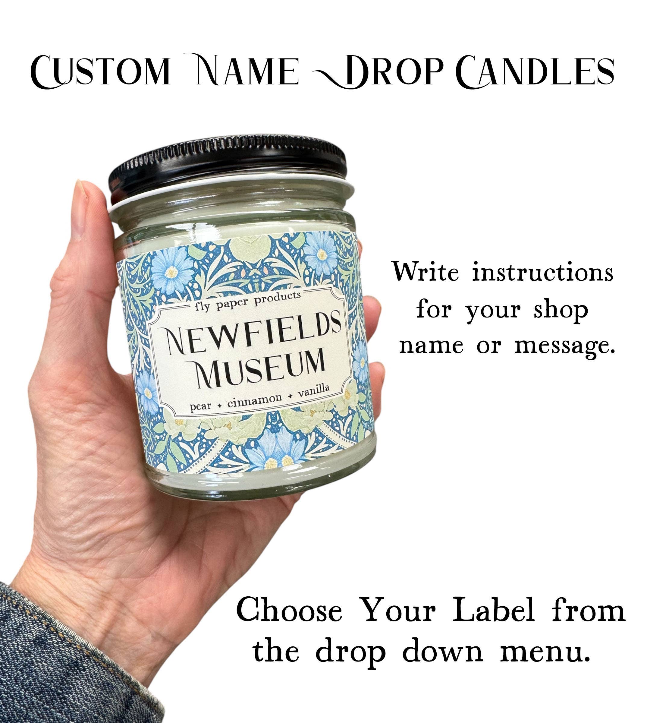 Fly Paper Products - Wholesale Jar/Filled Candle - Custom Name Drop William Morris 9 oz Candle  1