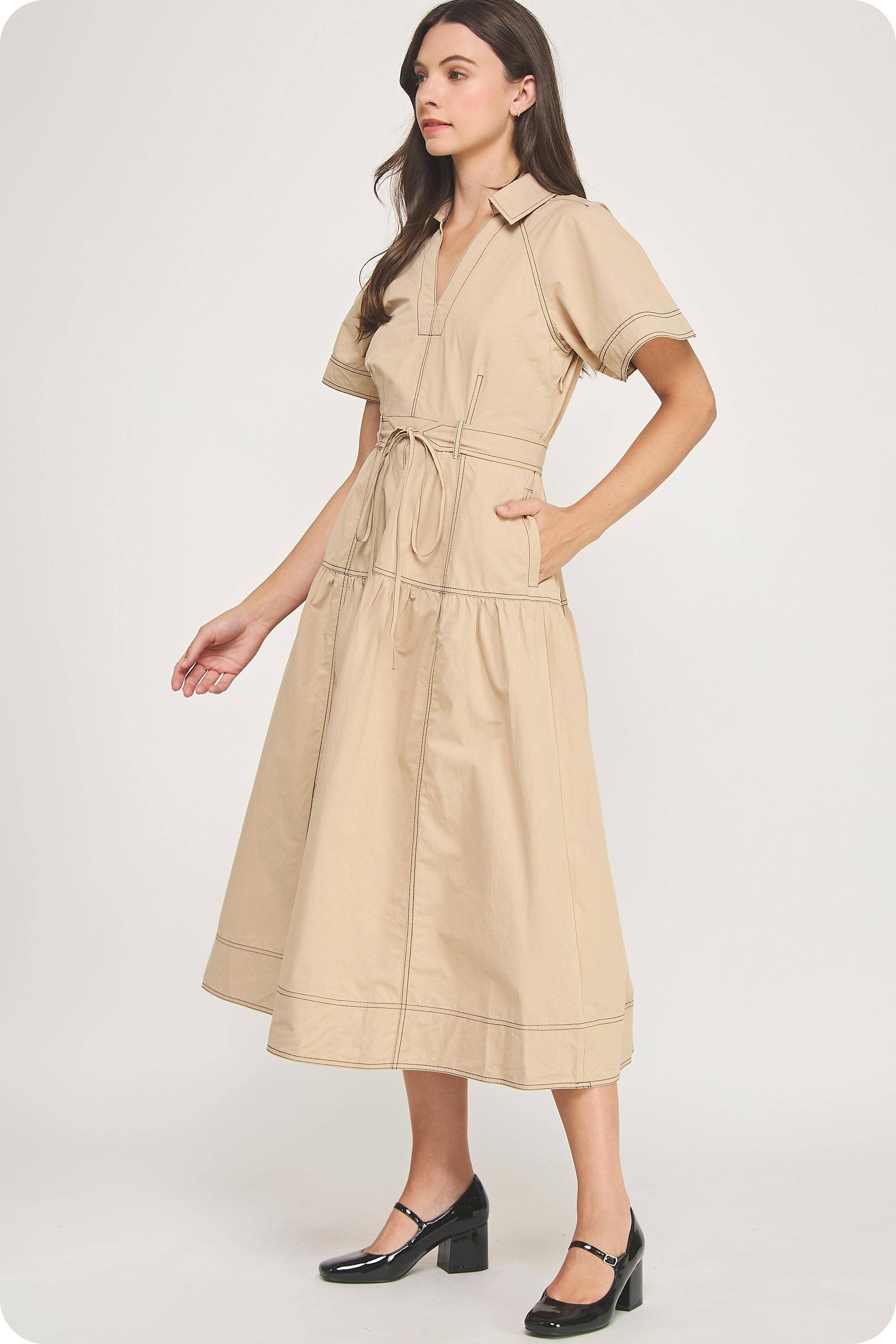 Strut & Bolt - Vente Robe – femme - Robe midi en popeline à col surpiqué18
