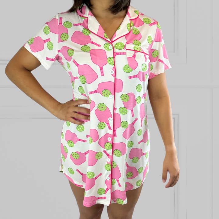 Bamboo Nightgown w/ Buttons in Fuchsia & Pickleball Print for wholesale by Willie J’s: The Easy PJ’s