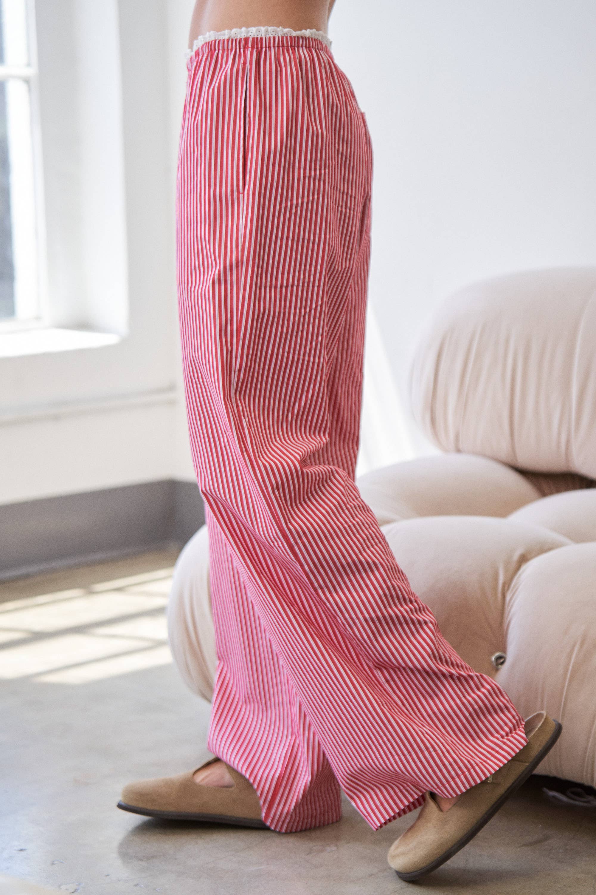 CANDESCENT - Wholesale Pants - Women's - Striped Wide Leg Lounge Pants with Lace Trim (Matching Set)14