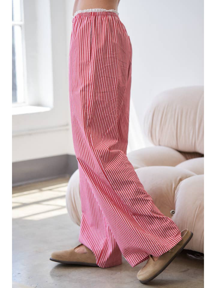 CANDESCENT - Wholesale Pants - Women's - Striped Wide Leg Lounge Pants with Lace Trim (Matching Set)14