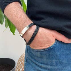 Men's bracelet in braided leather and stainless steel plate TOM for wholesale by Siane