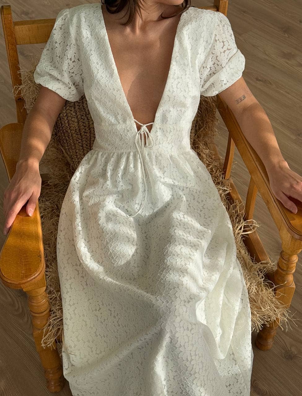 Design company-Fatma Balkir - Wholesale Dress - Women's - White Lace Deep V-Neck Maxi Dress for Women