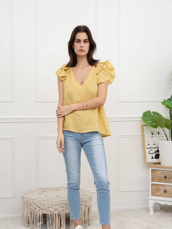 Top aus Leinen Col V – Detail Rüschen und Natürlicher Charme für den Großhandel von Happy look