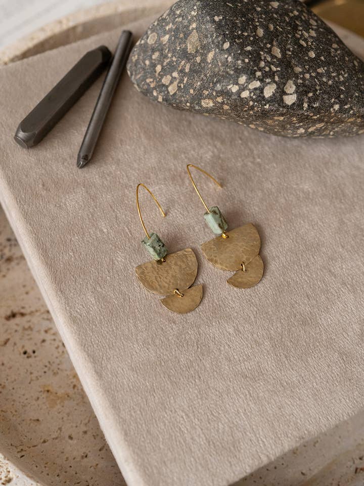 Nomad - Hammered Brass and Turquoise Gemstone Earrings for wholesale by Found & Feral