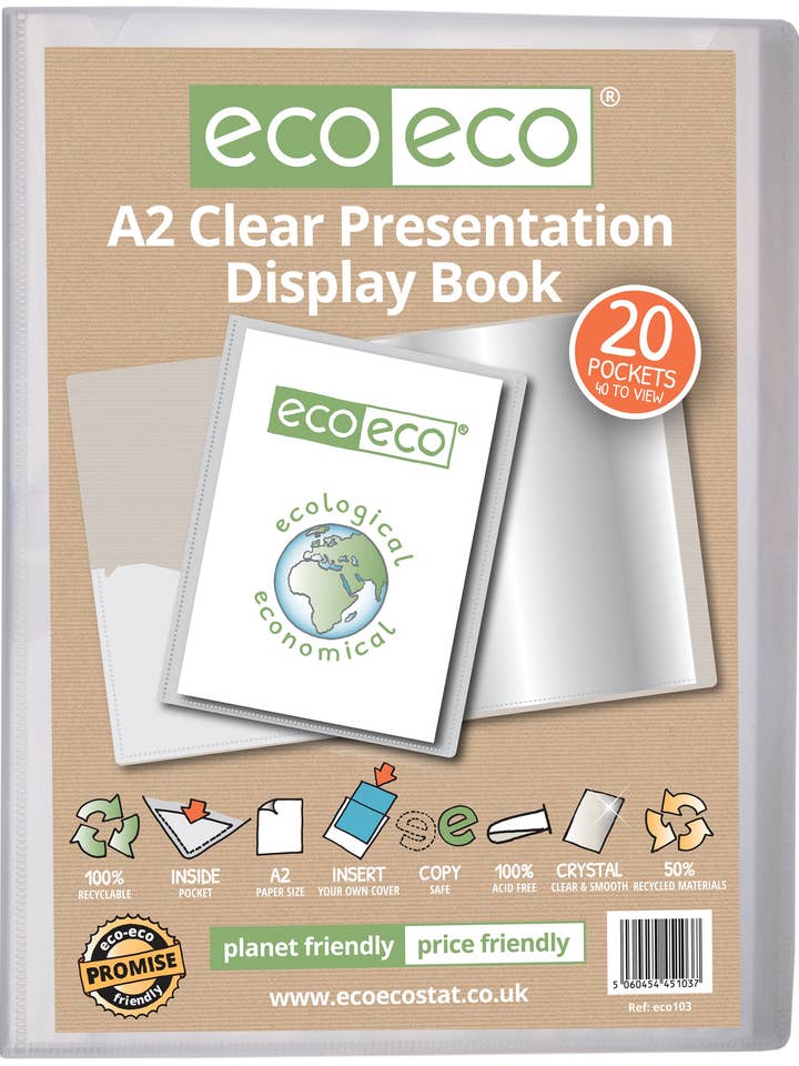 A2 50% Recycled Clear 20 Pocket Presentation Display Book for wholesale by eco-eco Stationery Ltd