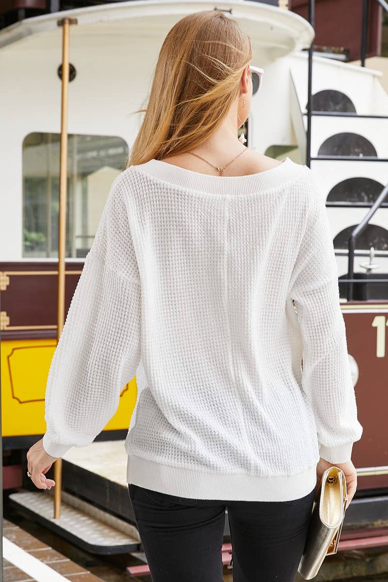 Lily Clothing - Wholesale Knit Top - Women's - PURE WHITE V NECK LONG SLEEVED SHIRT_CWTSTL7078
