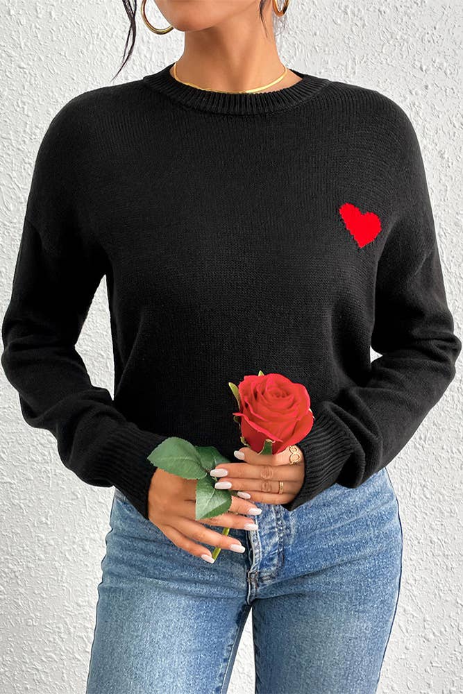 Sort Sort striktrøje med rødt hjerte jacquardmønster for engroshandel på Faire2