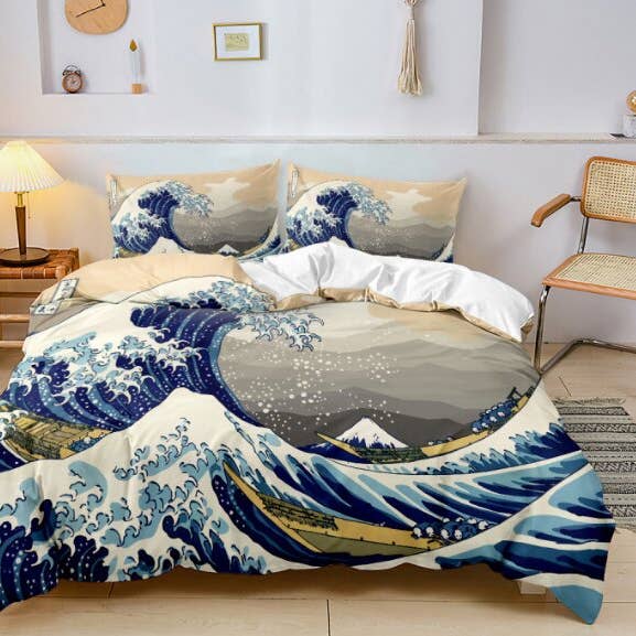 Juego de 3 piezas de funda nórdica y fundas de almohada Gran Ola tamaño queen (1/14) para venta al por mayor de Urban Tokyo