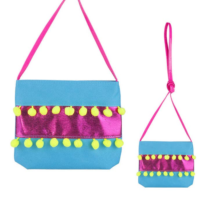 Pink Poppy - Wholesale Shoulder Bag – Kids - Pom Pom Party Shoulder Bag-Blue - Pack Size 2