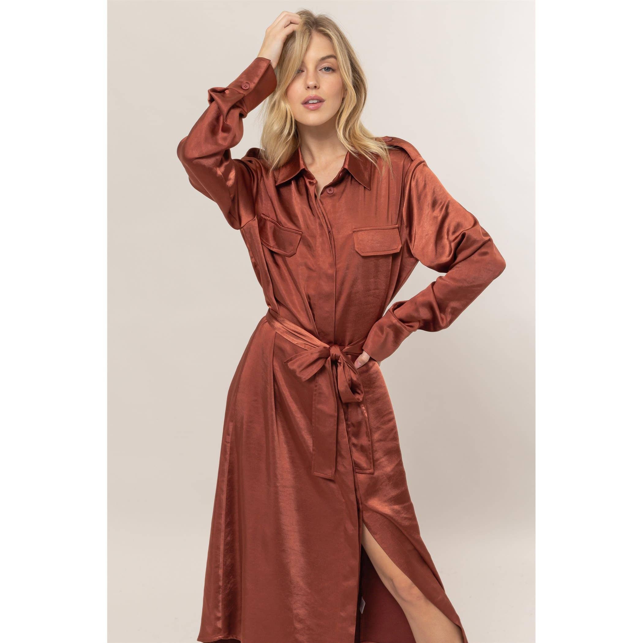 HYFVE – Engroshandel Kjole - Dame – Mat satinbæltet midi-skjortekjole3