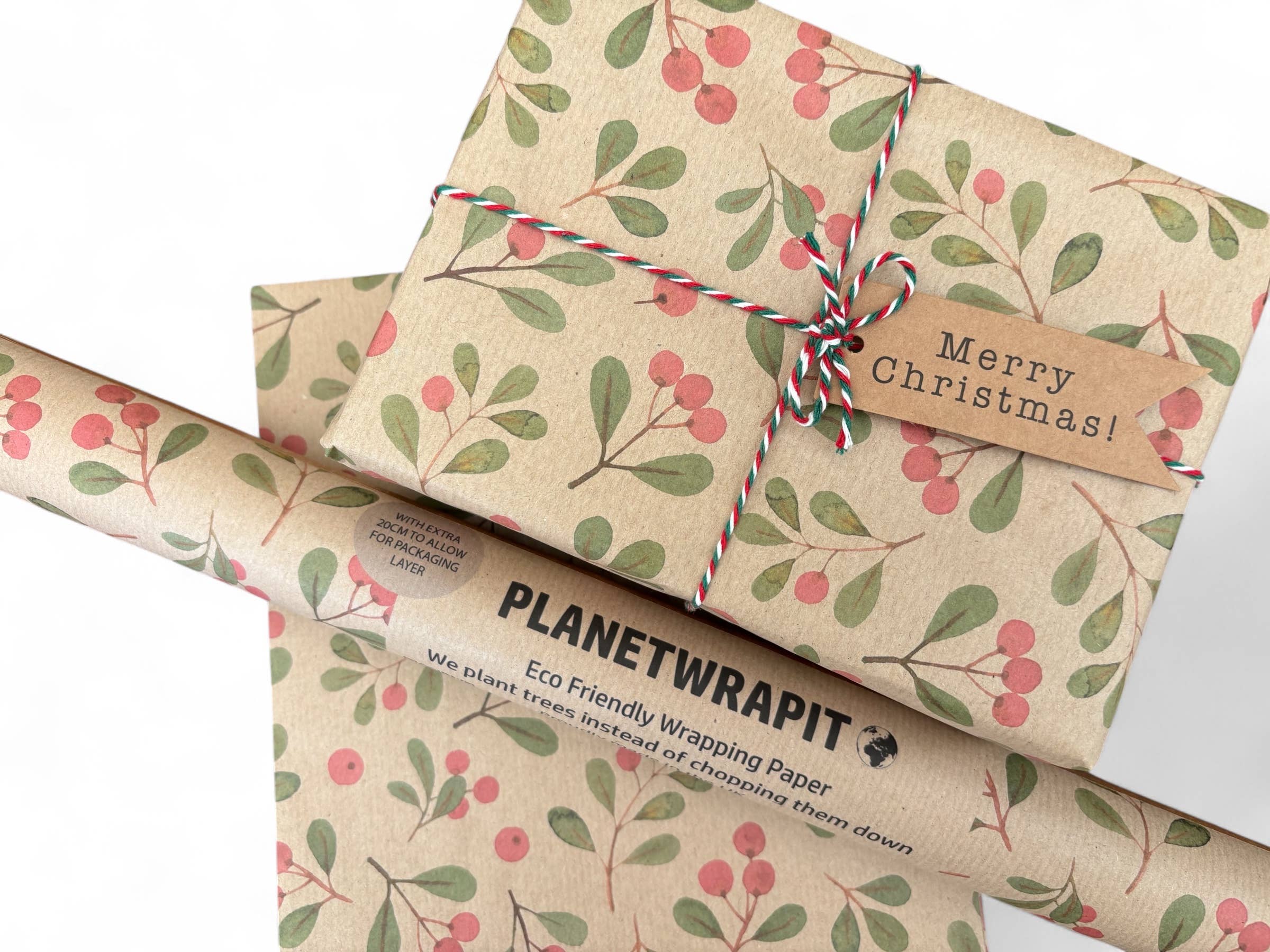 PlanetWrapIt - Vente Rouleau de papier cadeau - Papier cadeau recyclé en kraft écologique avec gui de Noël2