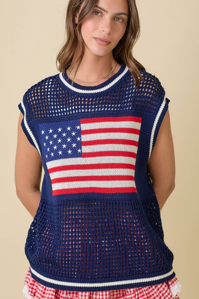 Main Strip - Wholesale Knit Top - Women's - American Flag Crochet Sleeveless Top