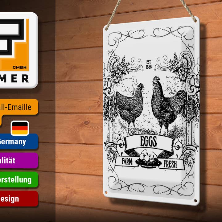 Femer – wholesale Sign – Tin sign saying 20x30cm EGGS farm fresh est. 18862
