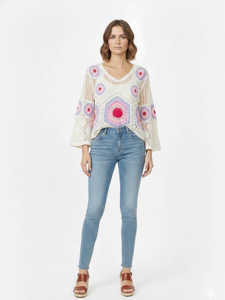 CX 26D18 - Camisola de malha com padrões florais multicoloridos por atacado de Lucky Nana