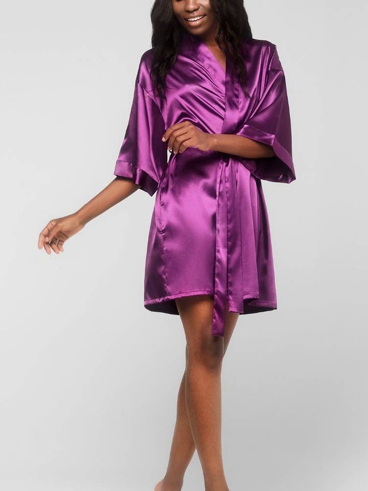 LM Brands Purple Satin Kimono Short Robe LM9060-Purple for wholesale by Lingerie Mart