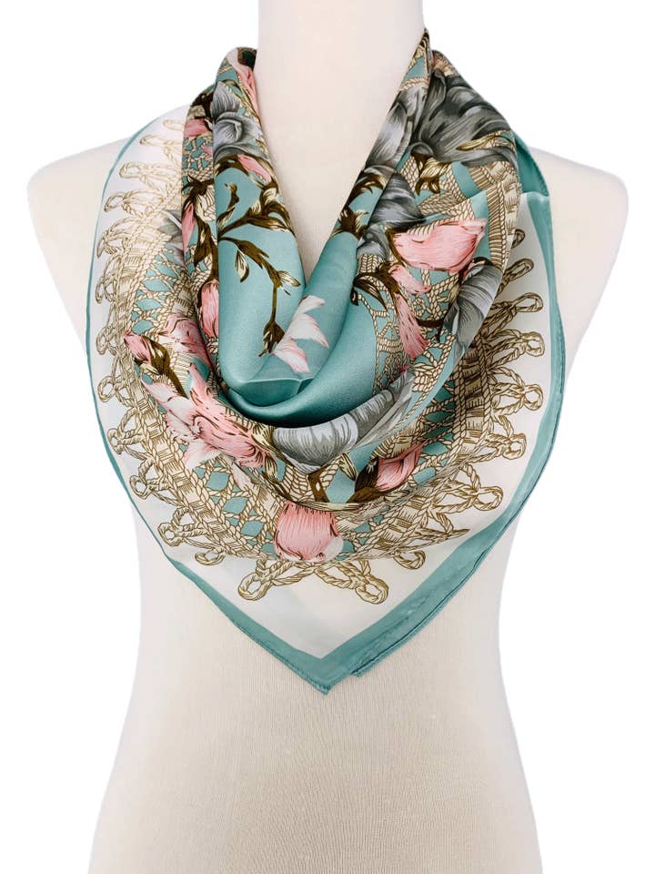Luxuoso Cachecol Seda Quadrado - Aqua & Rosa Floral por atacado de JC Sunny Fashion