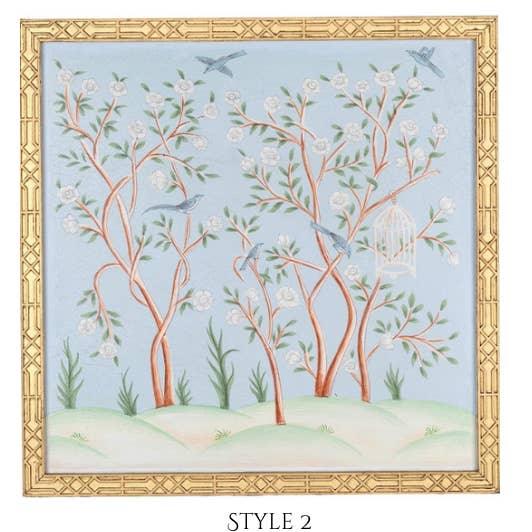 The Enchanted Home - Wholesale Wall Accent - Pale Blue and Multi Color CHINOISERIE MURAL WITH GOLD FRETWORK FRAME2