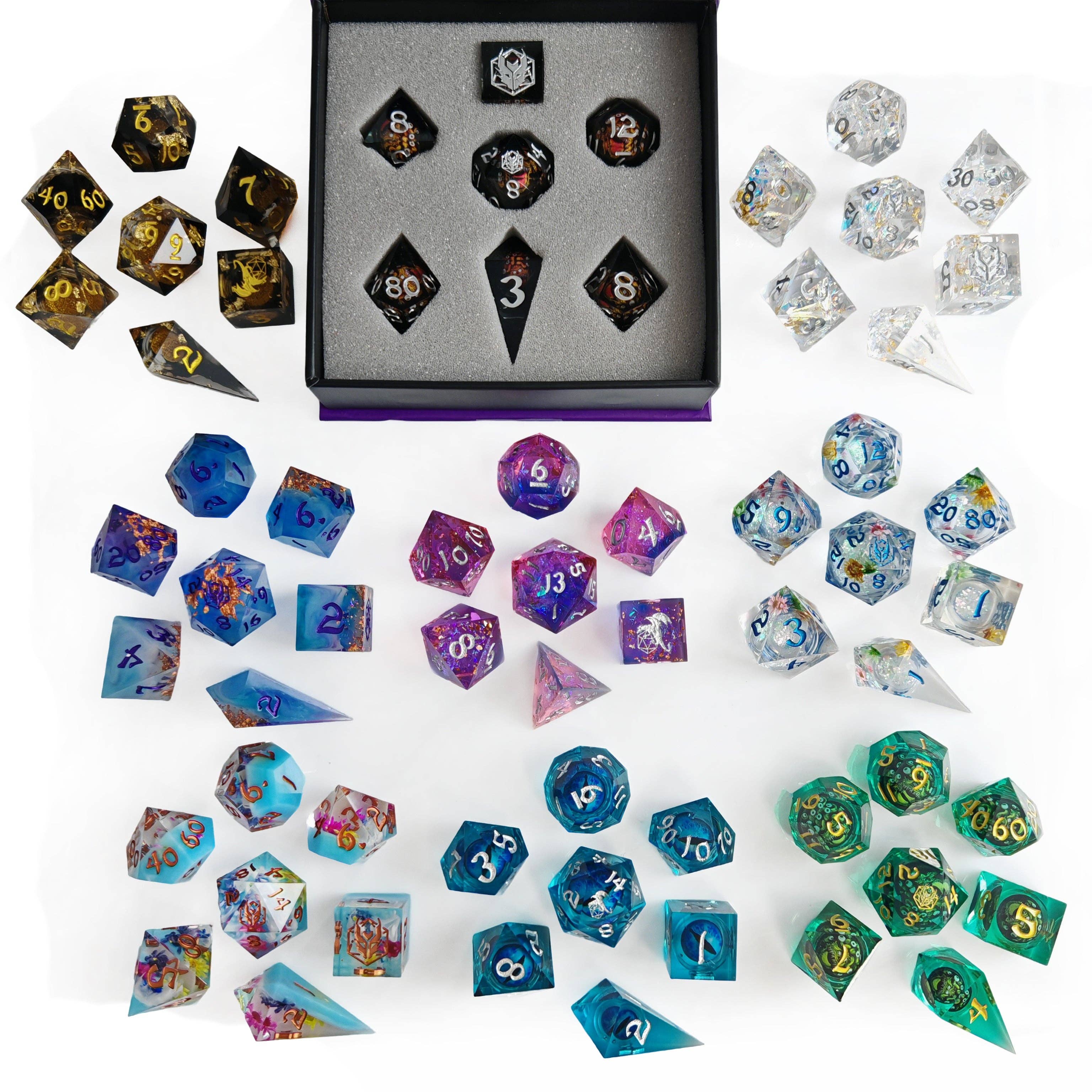 Hymgho Premium Dice - Wholesale Dice - Mystery Set of 7 Hand Sanded Sharp Edge Resin Dice1