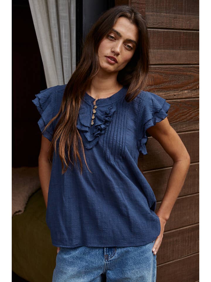 By Together - Wholesale Blouse - Women's - L6502 | Woven Cotton Linen Button V-Neck Short Sleeve Top