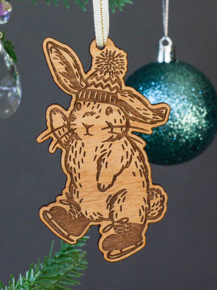 Ice Skating Bunny Wood Ornament for wholesale by Hereafter