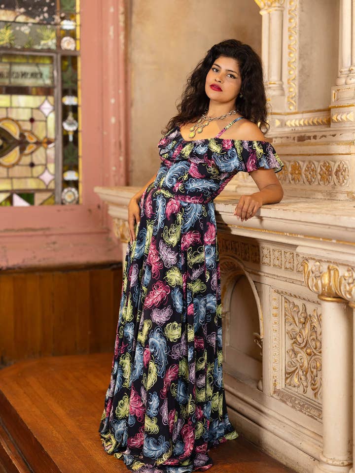 Hollywood Circle Long Dress - French Feathers for wholesale by TRASHY DIVA