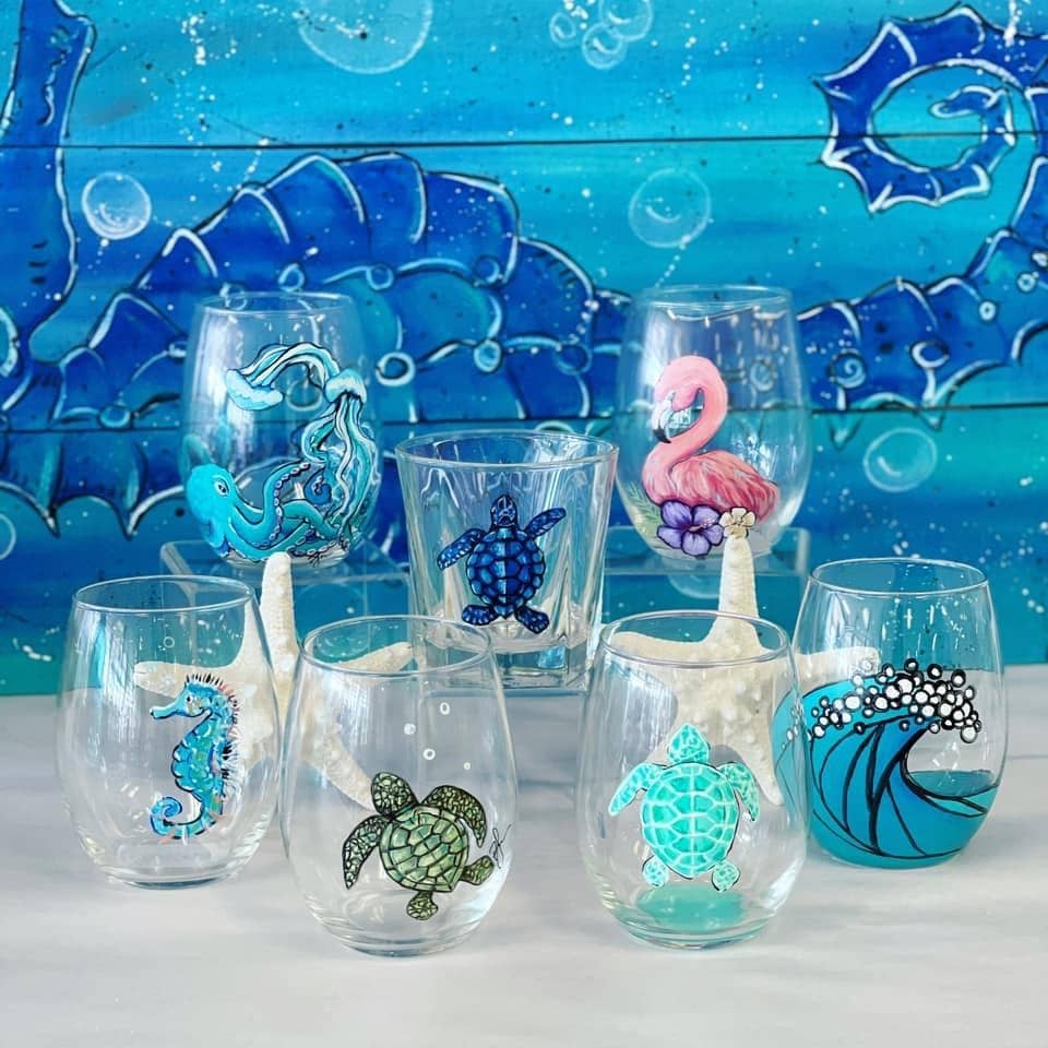 Paula Freeman Art - Vente Verres à vin - Verre à vin peint à la main TROPICAL SET – Verrerie côtière0