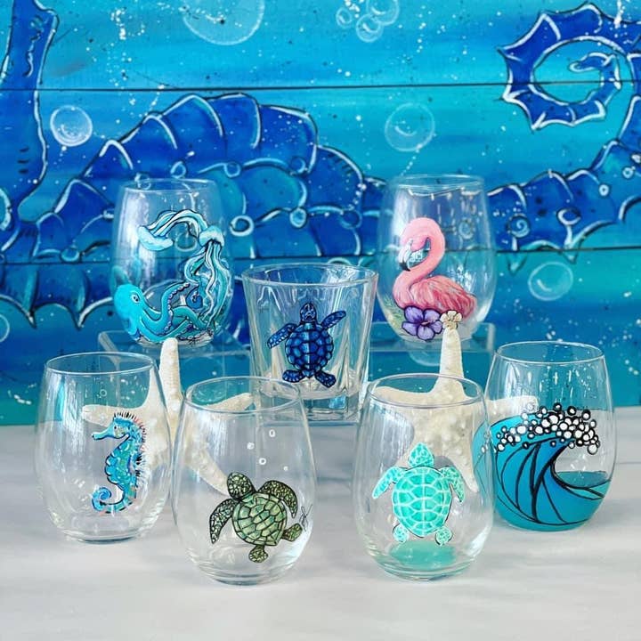 Paula Freeman Art - Vente Verres à vin - Verre à vin peint à la main TROPICAL SET – Verrerie côtière