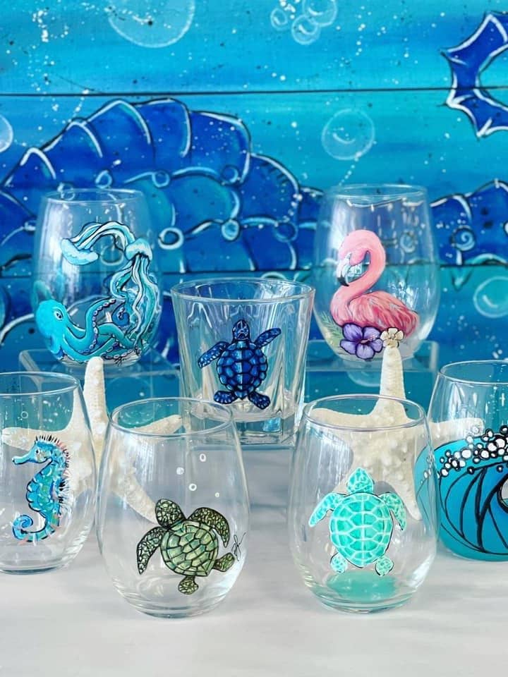 Wine Glass Hand-Painted TROPICAL SET – Coastal Glassware for wholesale by Paula Freeman Art