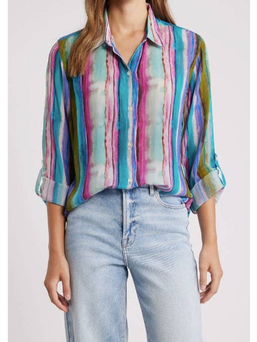 Green Multi Button-up With Roll-up Sleeve for wholesale on Faire