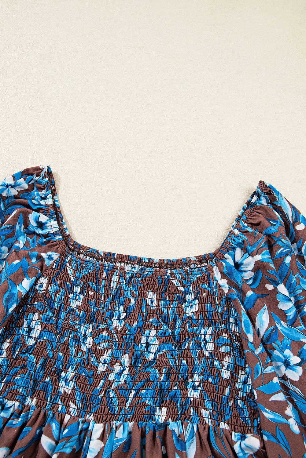 Blue Floral Smocked Bodice Ruffle Sleeve Dress for wholesale on Faire4