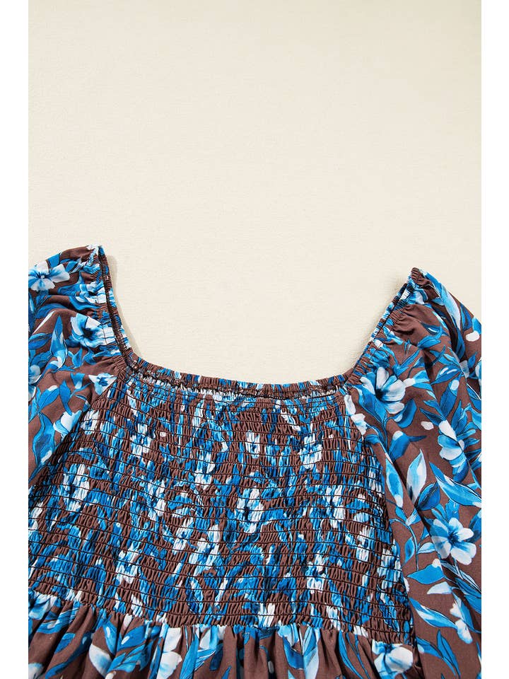 Blue Floral Smocked Bodice Ruffle Sleeve Dress for wholesale on Faire4