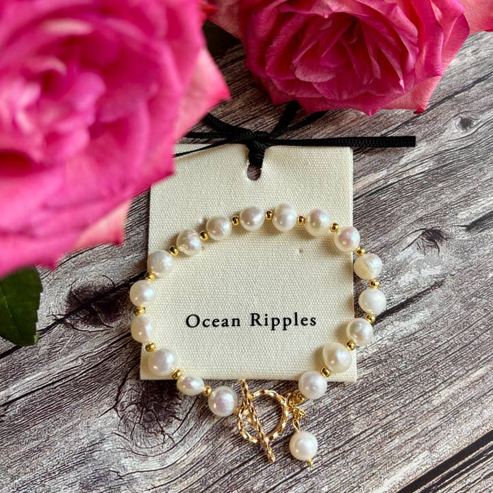 Ocean Ripples - Wholesale Beaded Bracelet - 14ct Gold Plated Fresh Water Pearl T- Bar Bracelet3