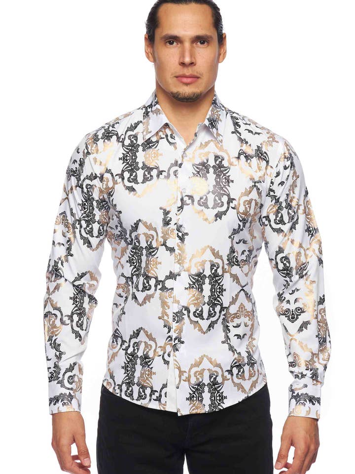 Mens Luxury Brand Printed Silk Like Shirts for wholesale by Rodeo Clothing
