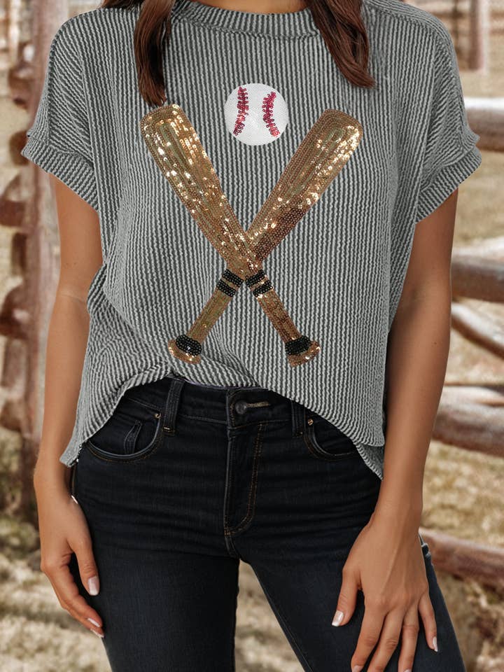 Fashion-W Sequin Baseball Pattern Corded Crewneck T Shirt for wholesale by fashionworks