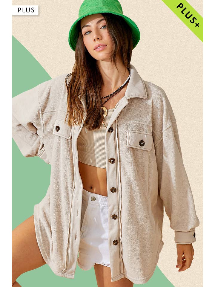 La Miel - Wholesale Shirt Jacket/Shacket - Women's - JKT1712P-Plus Size Loose Fit Button Down Fleece Shacket17