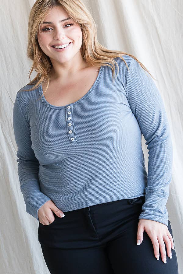 7th Ray - Wholesale Knit Top - Women's - [PLUS SIZE] Thermal Button Front Scoop Neck Top T4316XL0