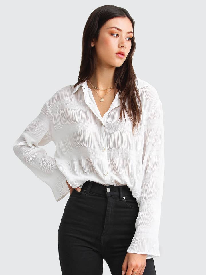 Yoko Shirred Chiffon Blouse - Cream for wholesale by belle & bloom