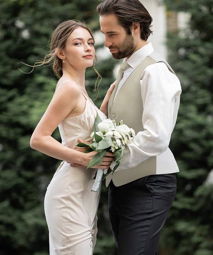 Dubal Brothers - Wholesale Suit Vest - Men's - Vittorio Farina Solid Satin Vest Set (White Back) Var. 01 (Beige-Maize)5